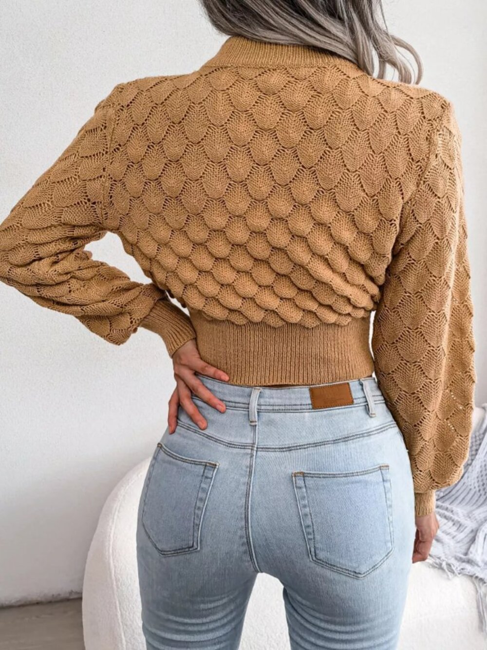 Mock Neck Textured Cropped Sweater - Picture 6 of 13